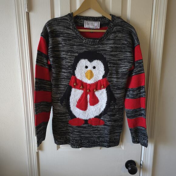 Women’s Ugly Christmas Sweater M Penguin Scarf Bells Black Red Holiday - Picture 1 of 8